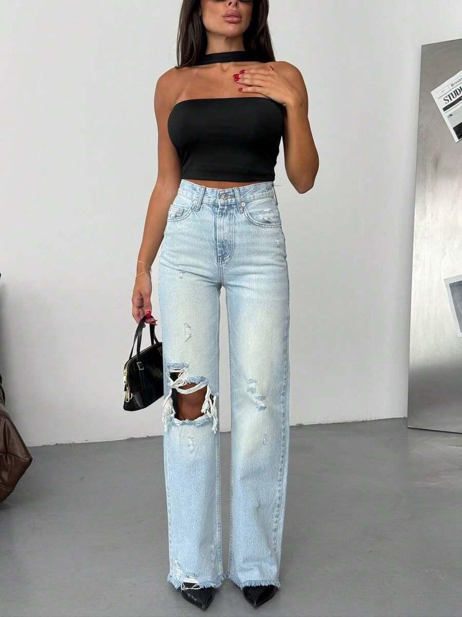 SPODNIE JEANS RIPPED WYSOKI STAN