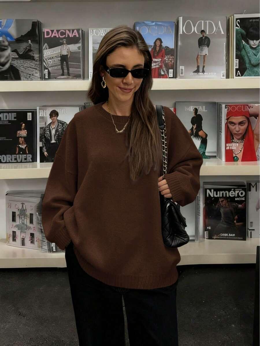 BRĄZOWY SWETER OKRĄGŁY DEKOLT 