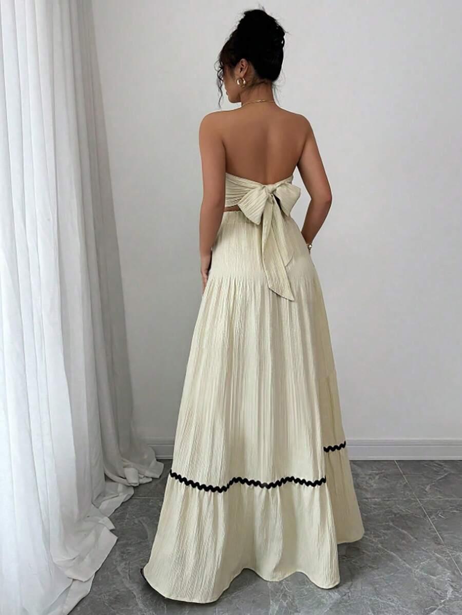 SUKIENKA MAXI OVERSIZE DEKOLT ODKRYTE RAMIONA WIĄZANIE