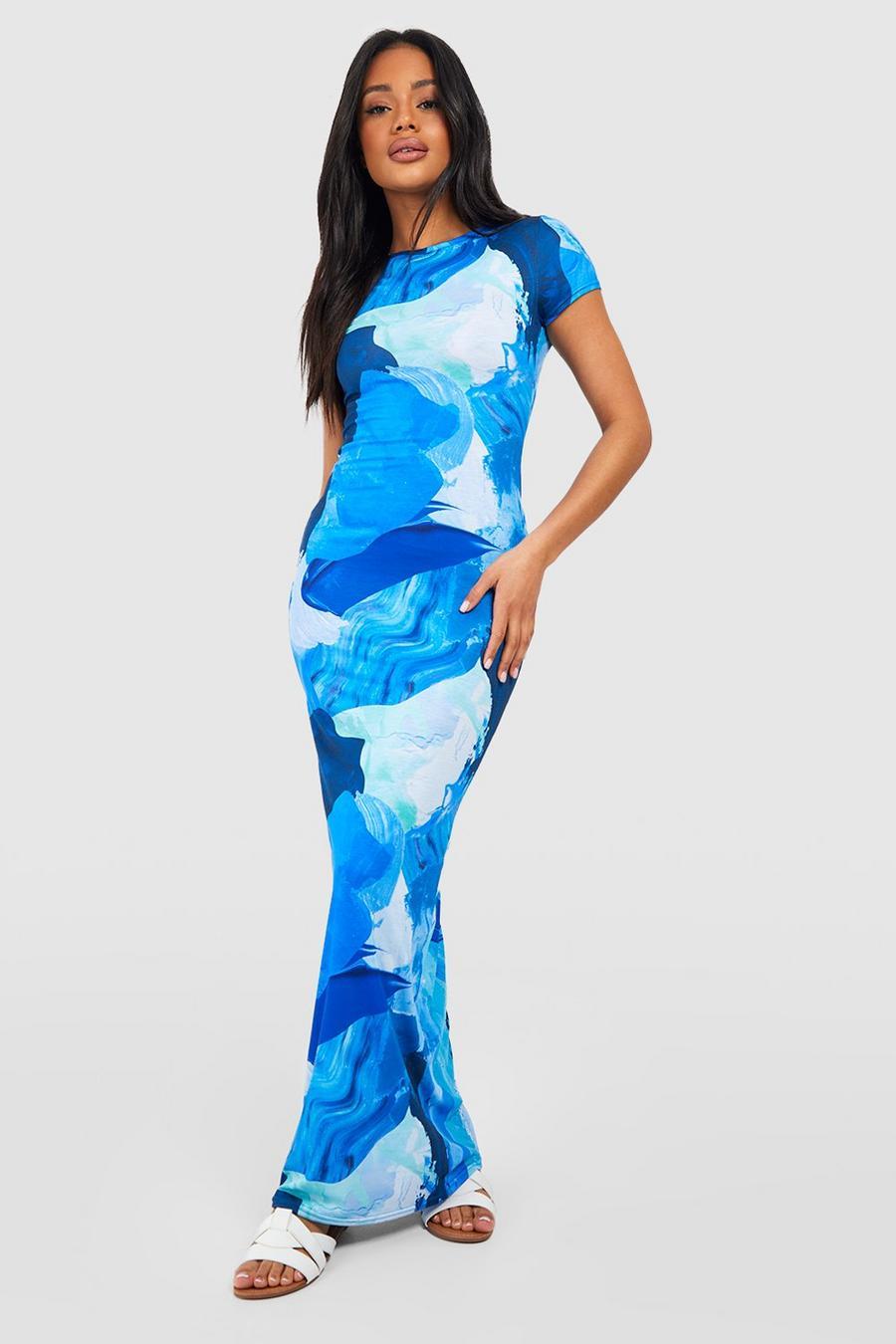 NIEBIESKA MAXI SUKIENKA ABSTRACT PRINT KRÓTKI RĘKAW