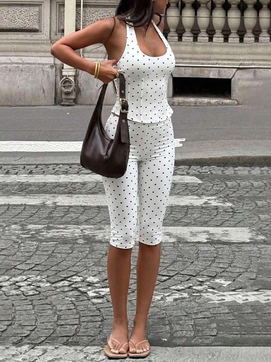 komplet legginsy top wzór groszki
