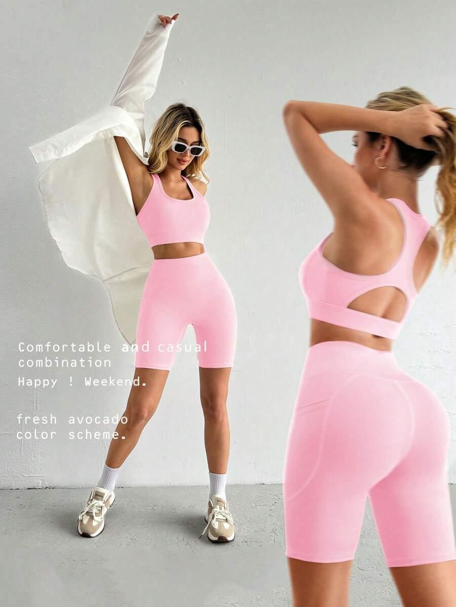 różowy komplet top legginsy