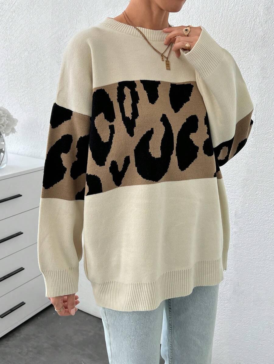 LUŹNY SWETER ŁĄCZENIE ANIMAL PRINT