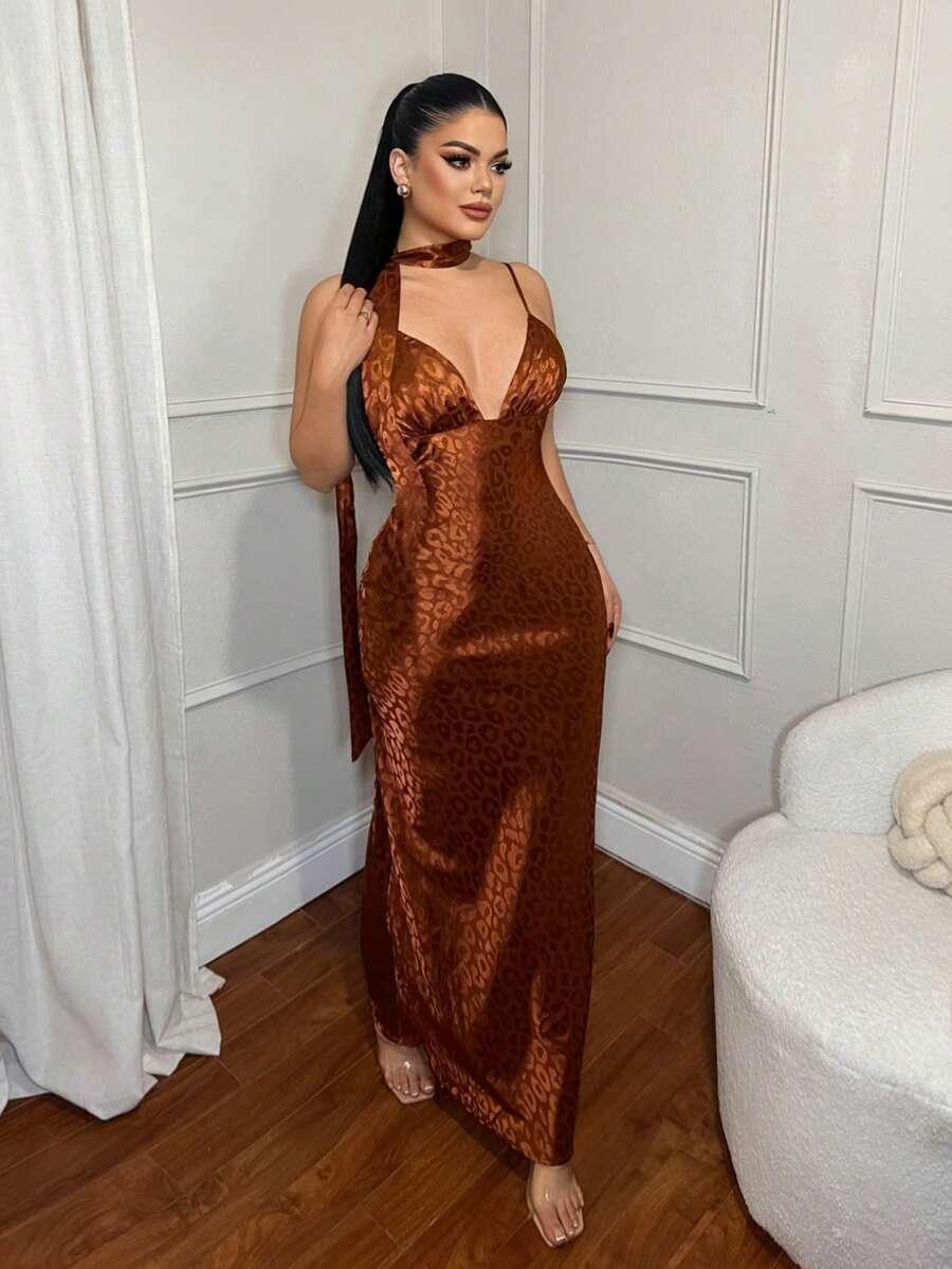 BRĄZOWA MAXI SUKIENKA ANIMAL PRINT