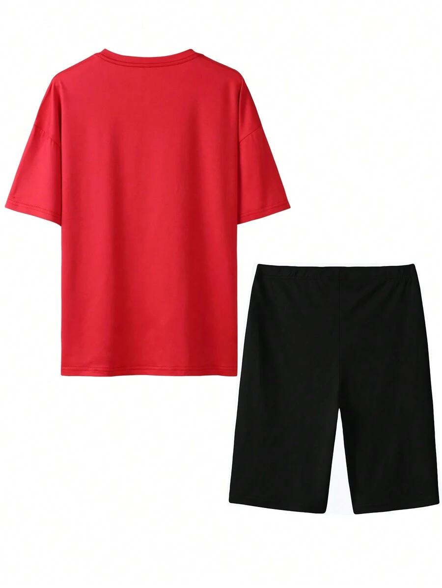 czerwony T-shirt nadruk spodenki komplet