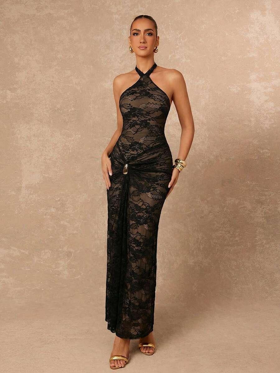 czarna maxi sukienka koronka