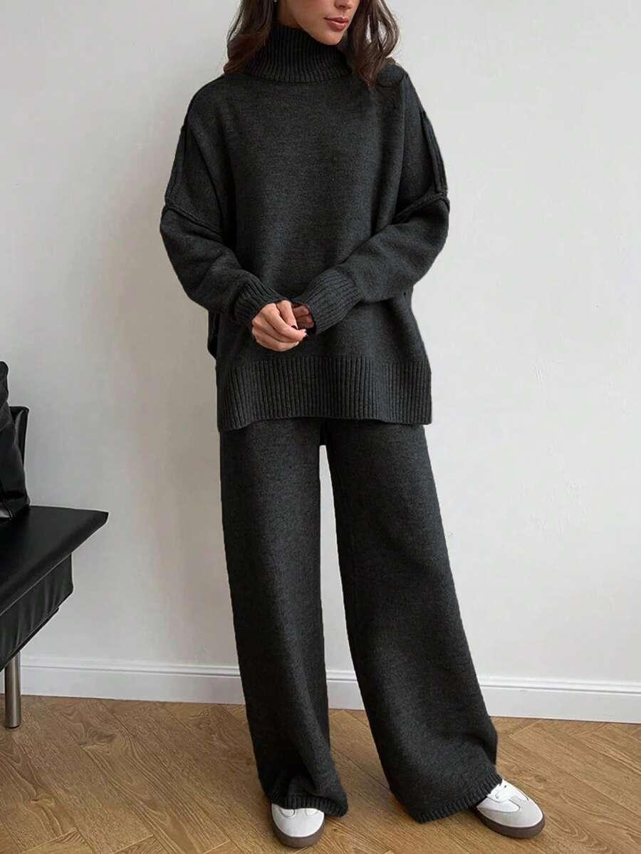 CZARNY KOMPLET SWETER SPODNIE