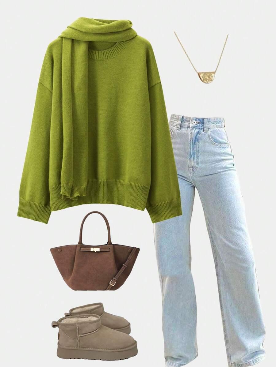 zielony sweter oversize szal