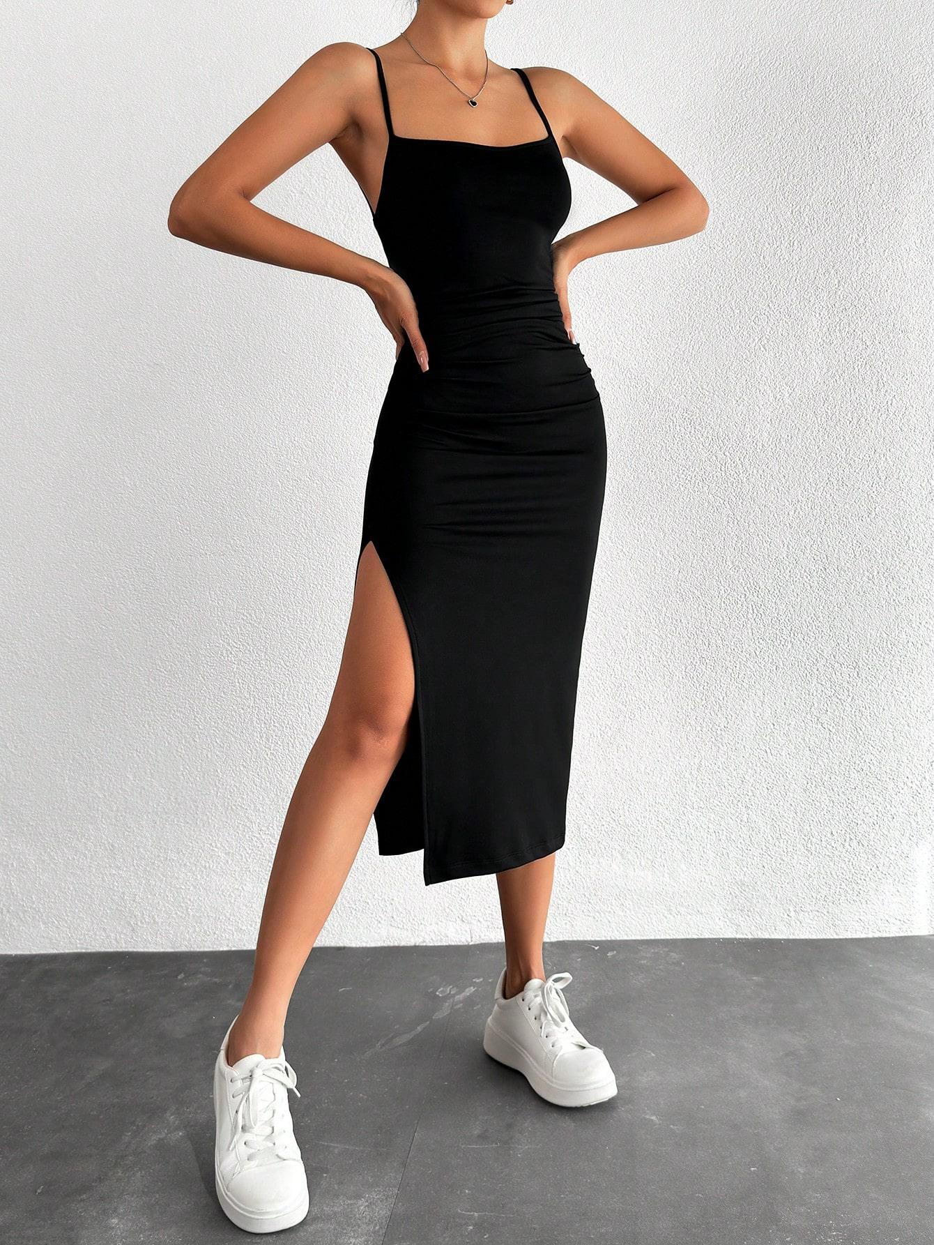 czarna midi sukienka ramiączka splot wycięcie