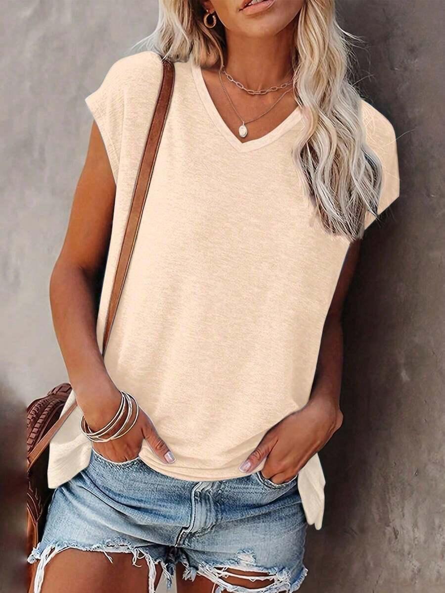 KREMOWY T-SHIRT V-NECK
