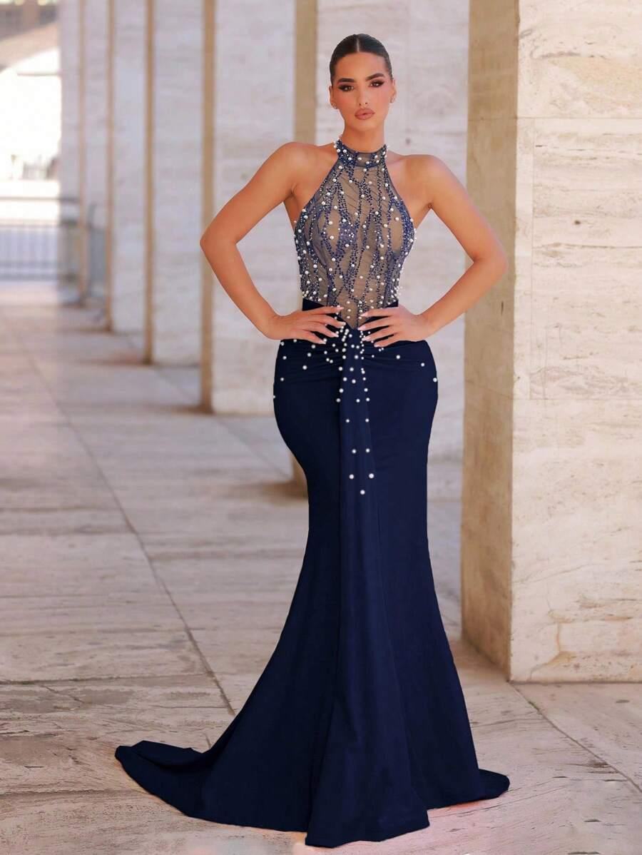niebieska maxi sukienka zdobienia