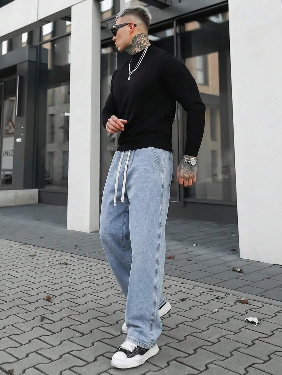 niebieskie proste spodnie jeans