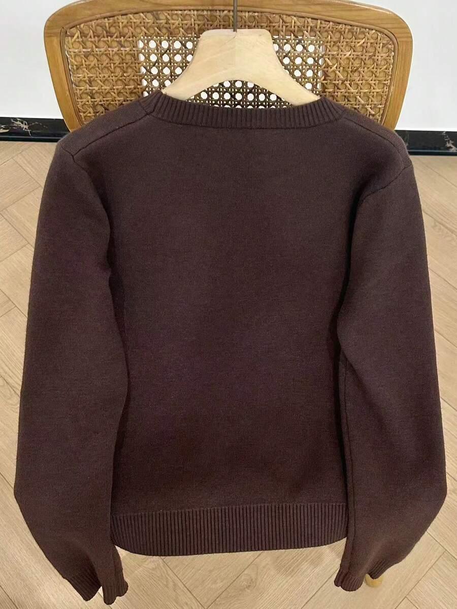 ocieplany BRĄZOWY SWETER OKRĄGŁY DEKOLT