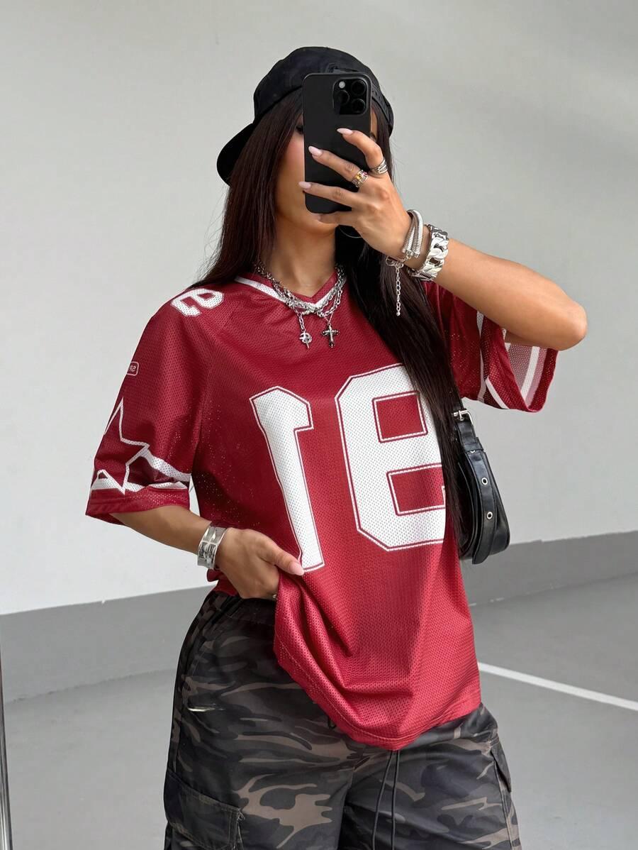 czerwony t-shirt v-neck