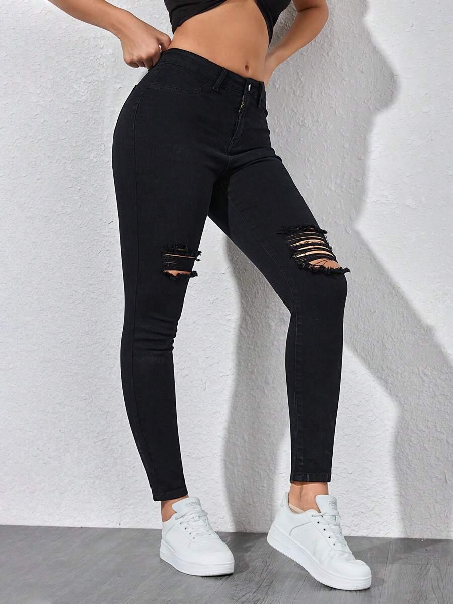 CZARNE SPODNIE JEANS PRZETARCIA 