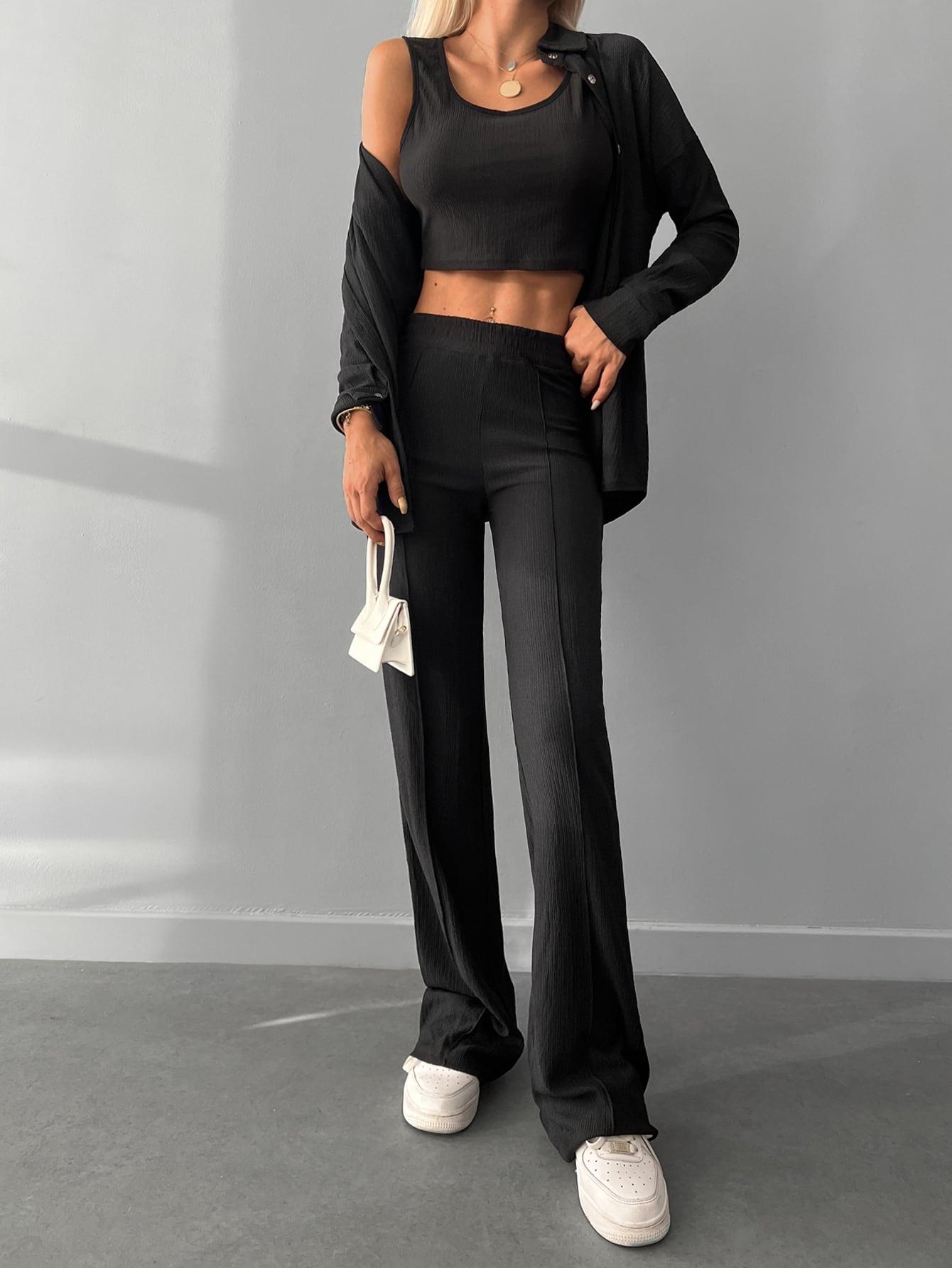 CZARNY KOMPLET TEKSTURA CROP TOP KOSZULA SPODNIE CASUAL