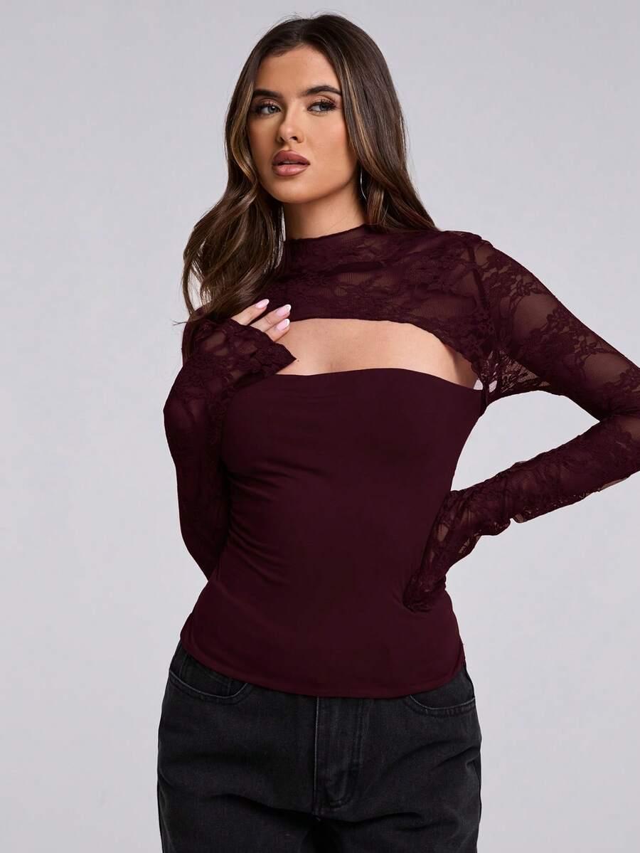 BORDOWA BLUZKA KORONKA