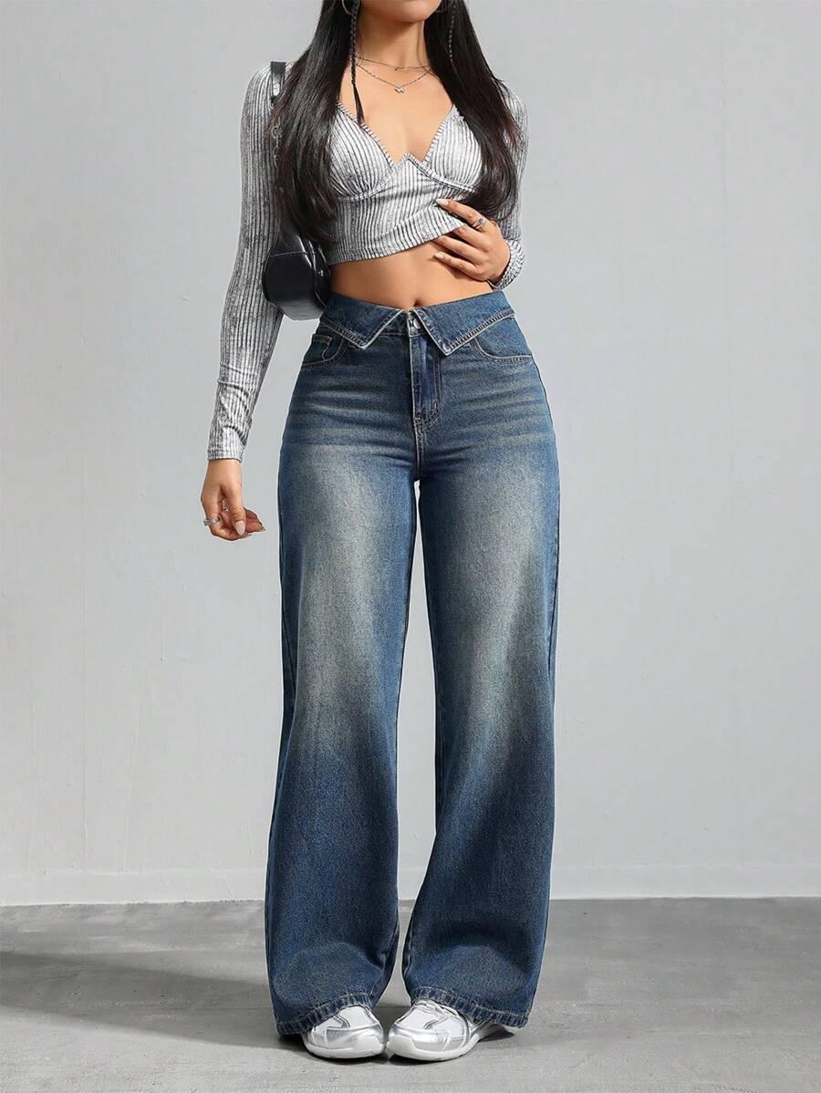 NIEBIESKIE SPODNIE JEANS SZEROKIE NOGAWKI 