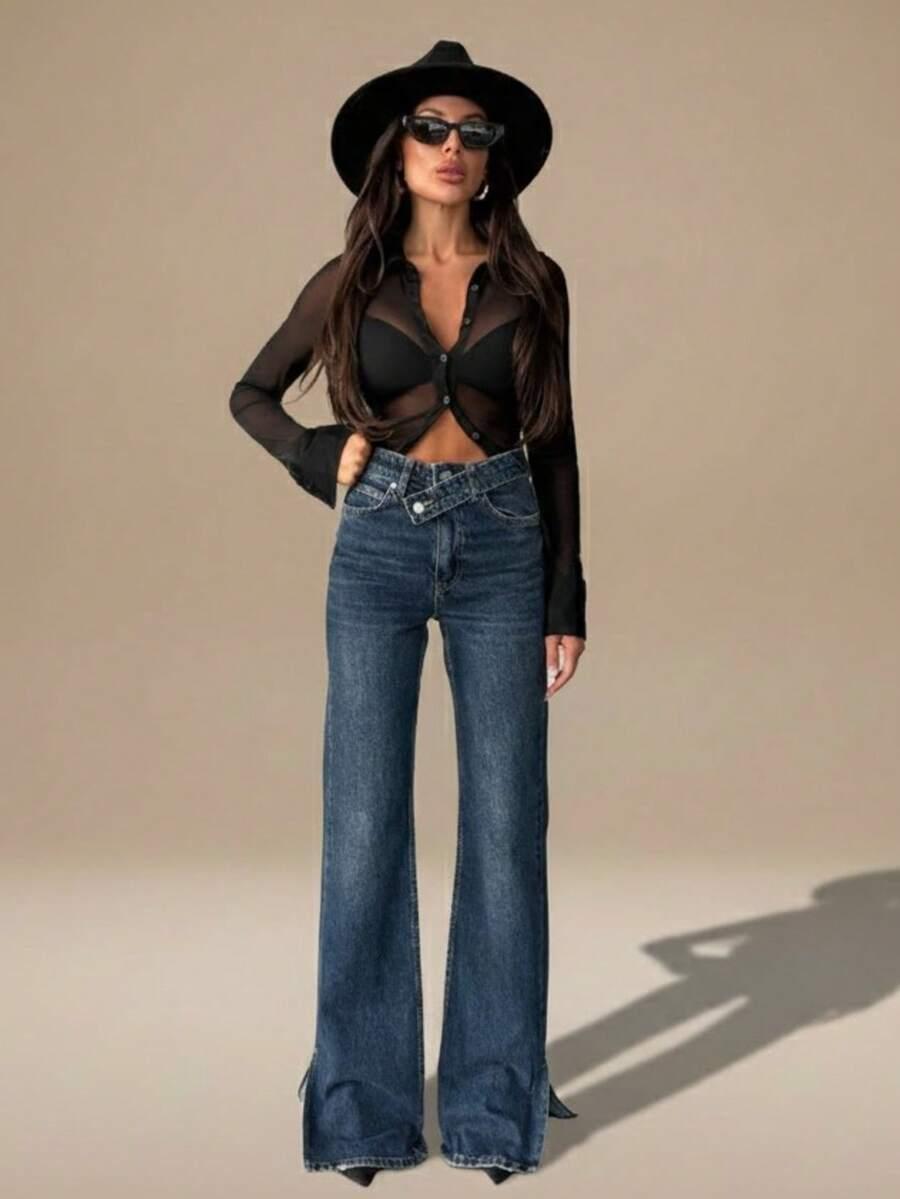 spodnie jeans rozcięcie asymetria