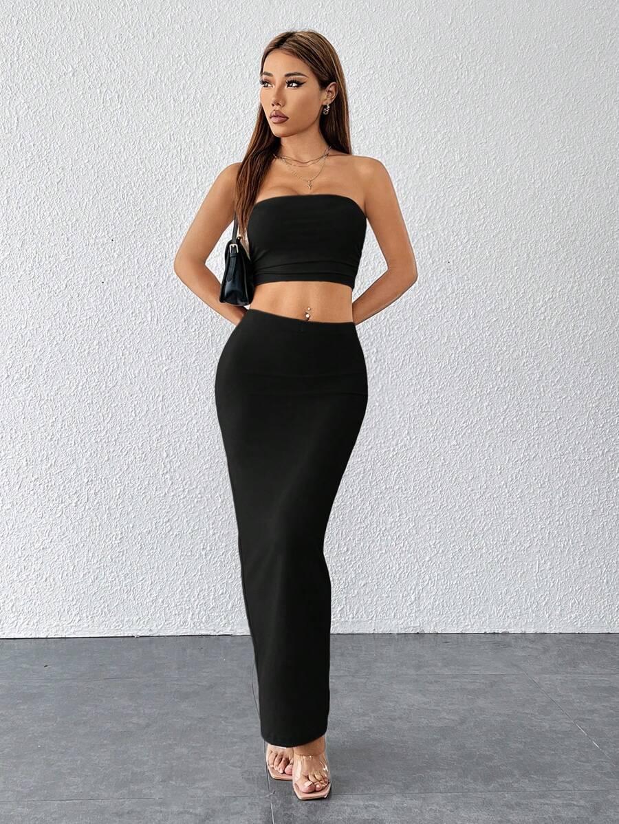 czarny komplet crop top maxi spódnica 