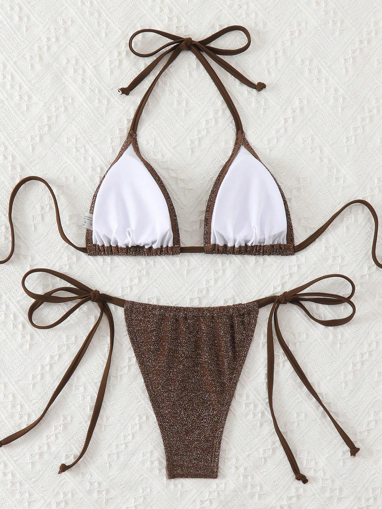 brązowe bikini komplet połysk