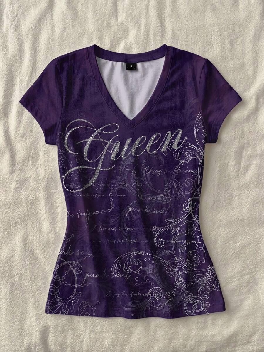 fioletowy t-shirt v-neck