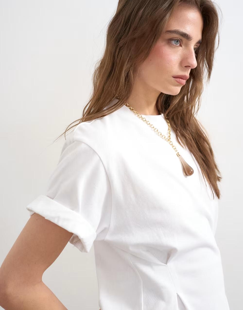 BIAŁY BAWEŁNIANY T-SHIRT OKRĄGŁY DEKOLT