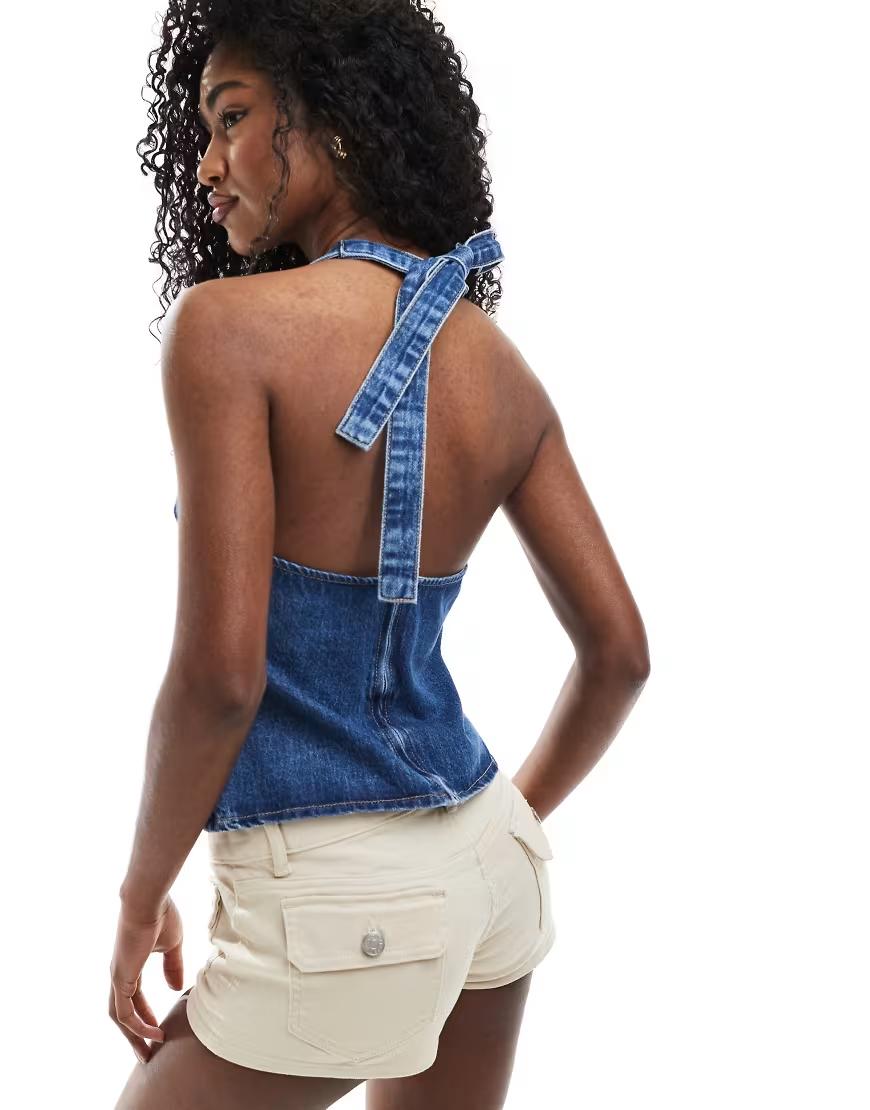 JEANSOWY TOP ODKRYTE PLECY 