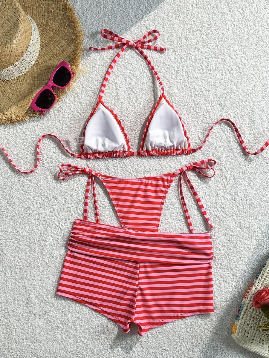 trzyczęściowy komplet bikini spodenki wzór paski
