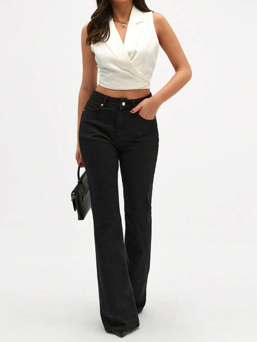 CZARNE SPODNIE JEANS DZWONY 