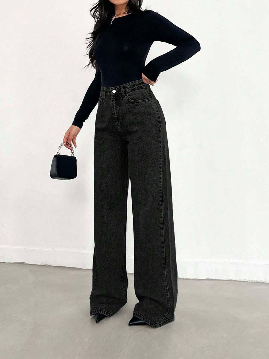 CZARNE PROSTE SPODNIE JEANS WYSOKI STAN