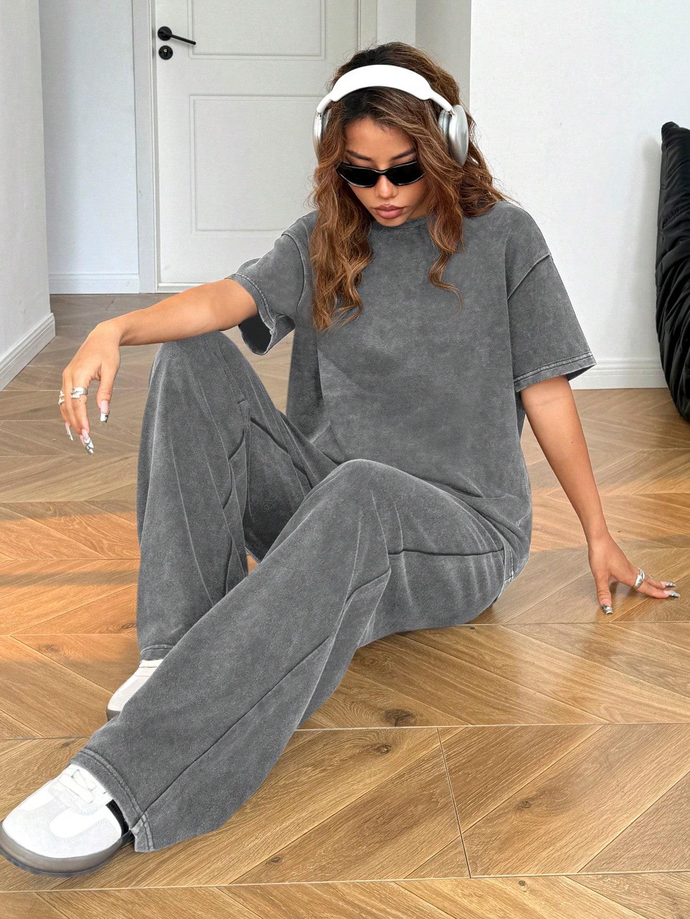 SZARY KOMPLET T-SHIRT SPODNIE