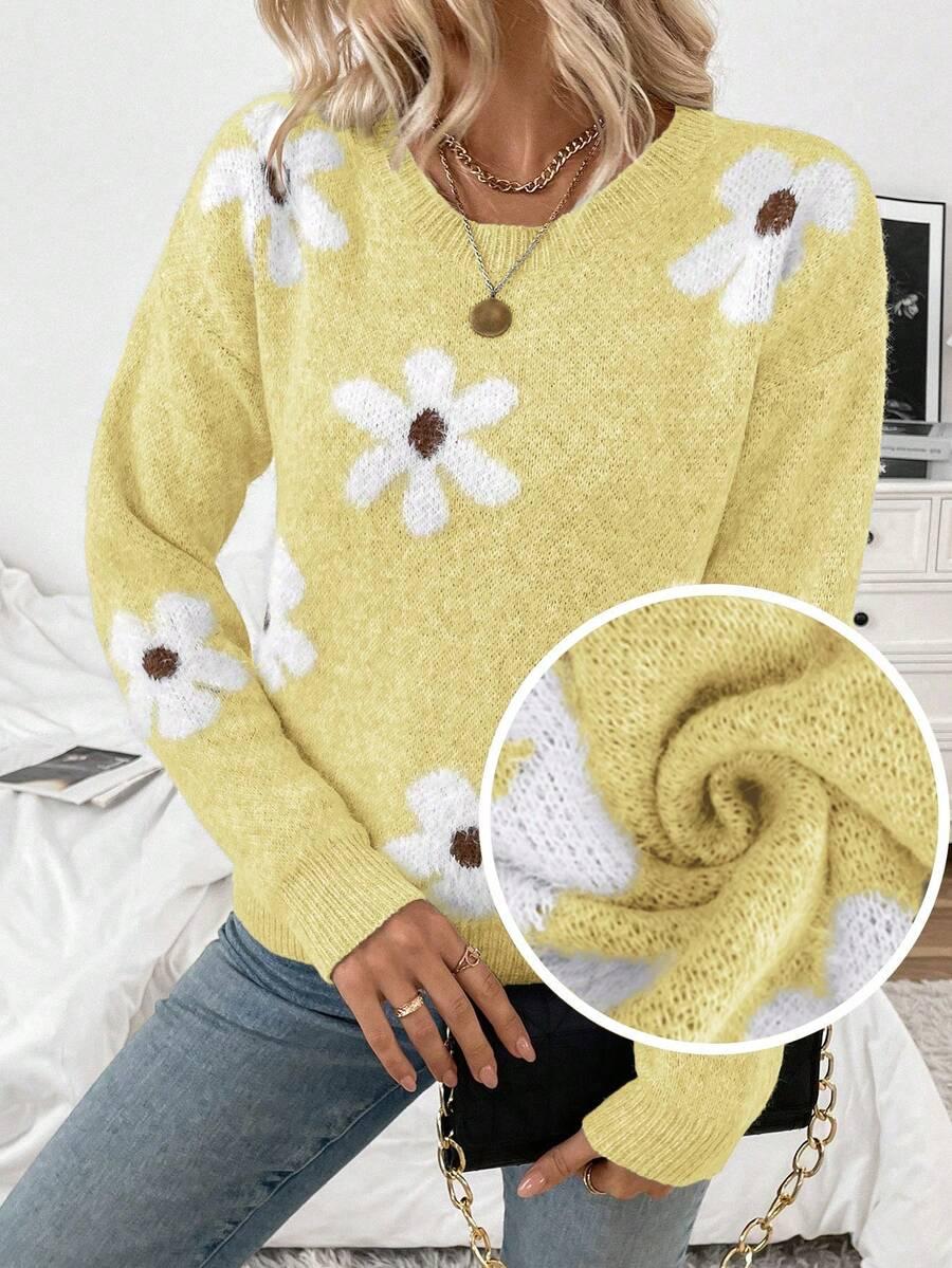 żółty sweter fluffy kwiaty