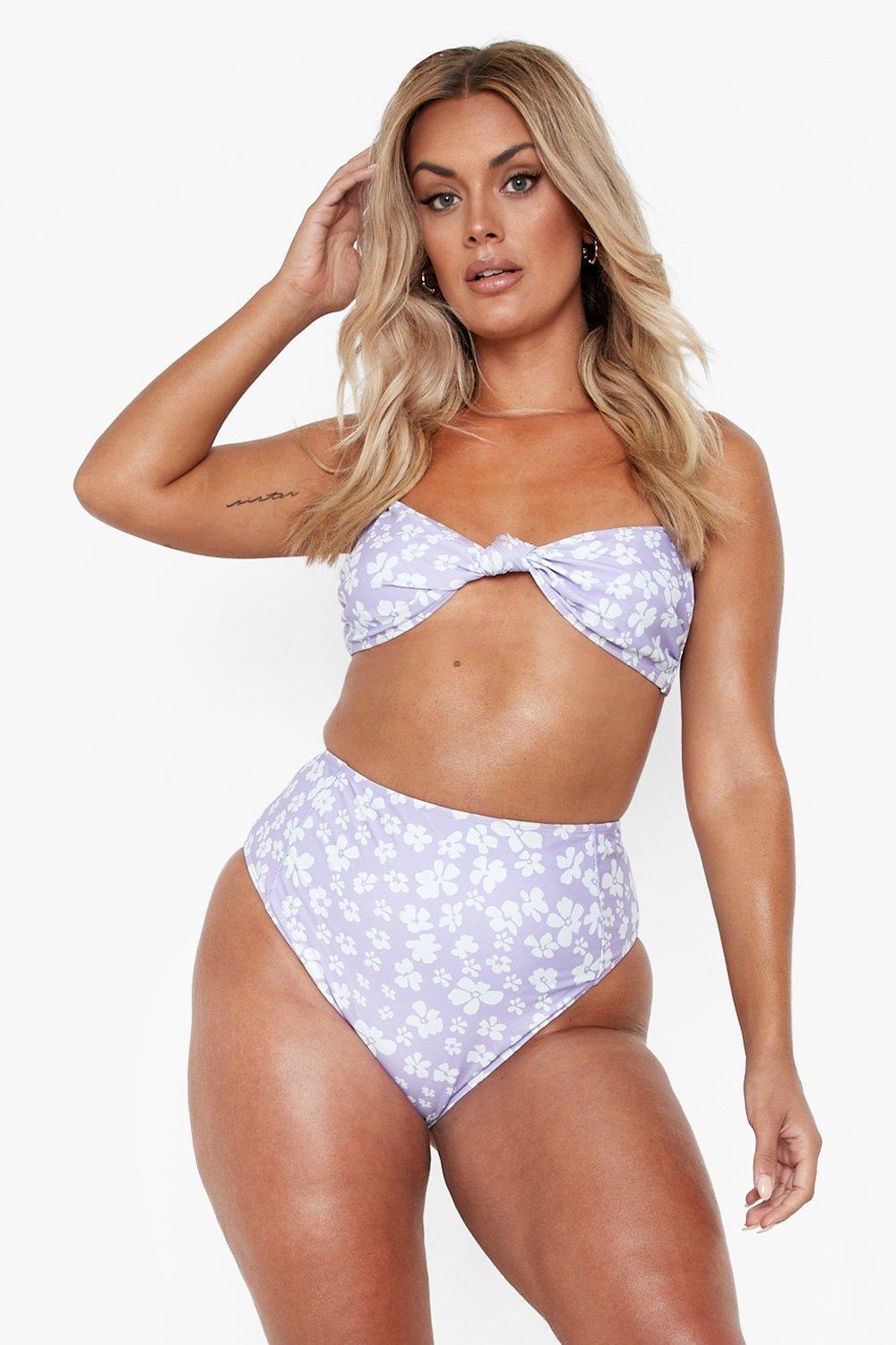 fioletowy dół od bikini print kwiaty wysoki stan