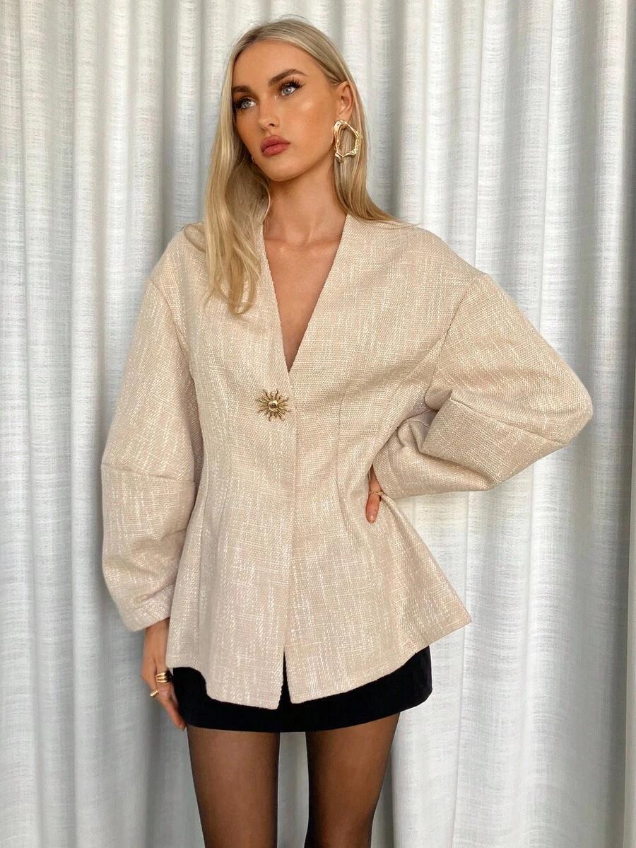 BEZOWA BLUZKA V-NECK
