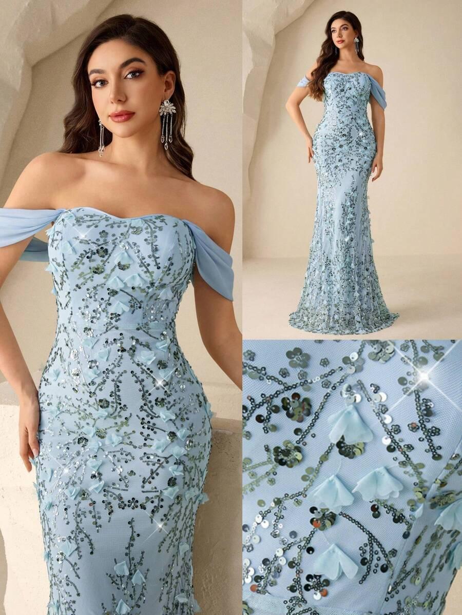 niebieska maxi sukienka zdobienie