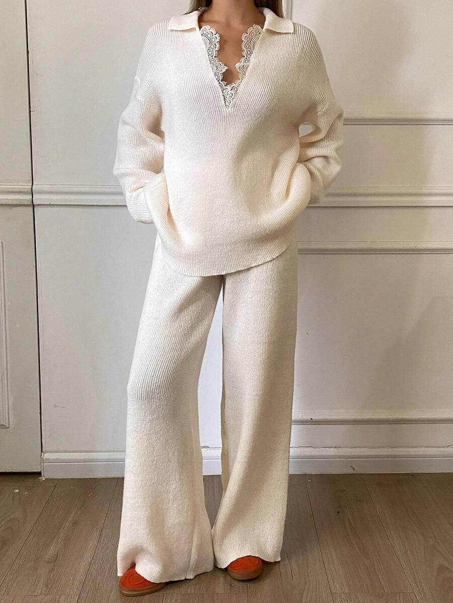 DZIANINOWY KOMPLET SWETER SPODNIE