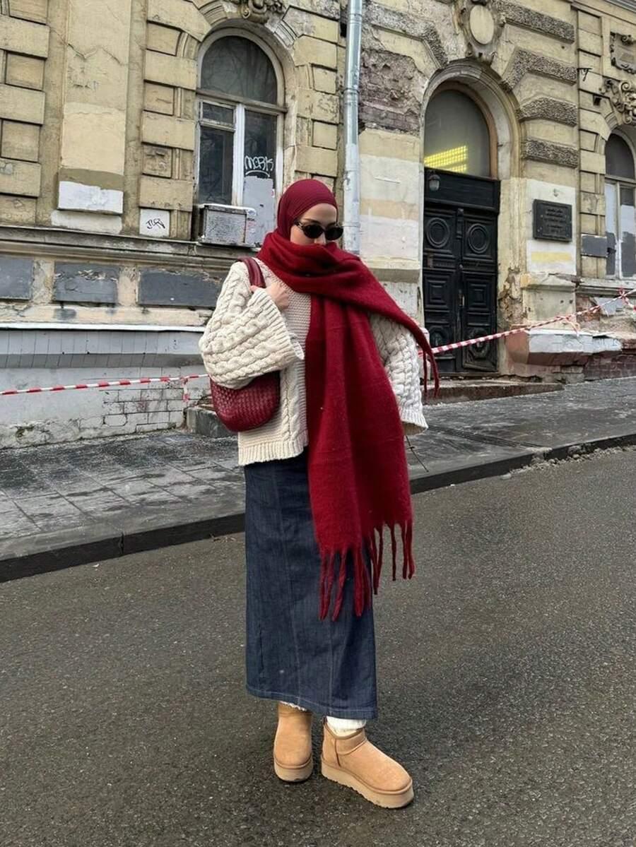 czerwony szalik frędzle