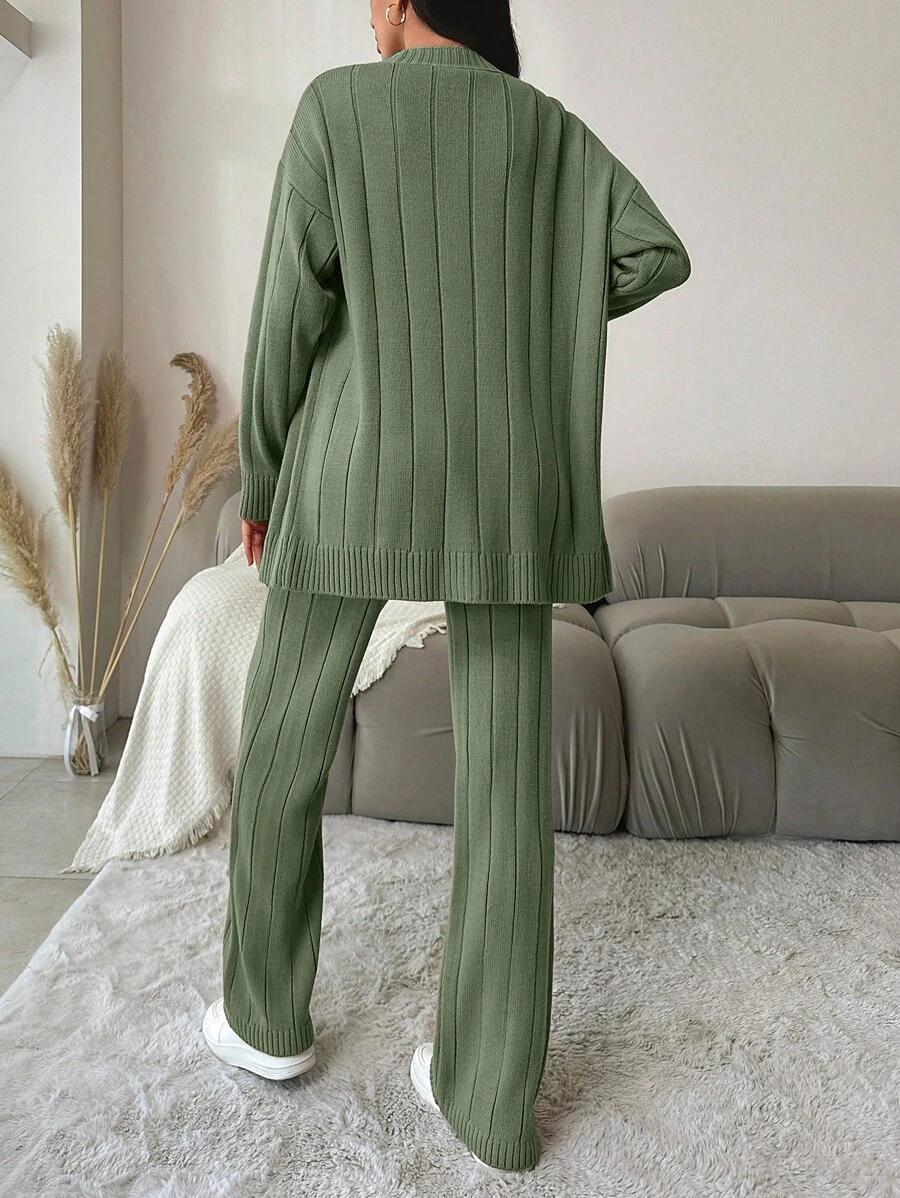 ZIELONY DZIANINOWY KOMPLET SWETER SPODNIE