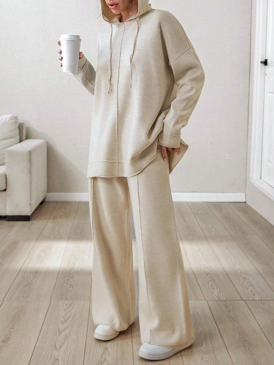 BEŻOWY DZIANINOWY KOMPLET OVERSIZE SPODNIE BLUZA
