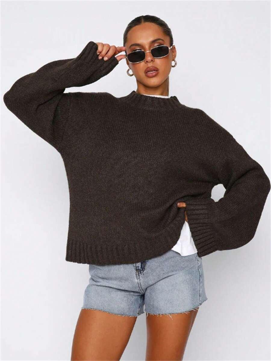 BRĄZOWY SWETER OKRĄGŁY DEKOLT