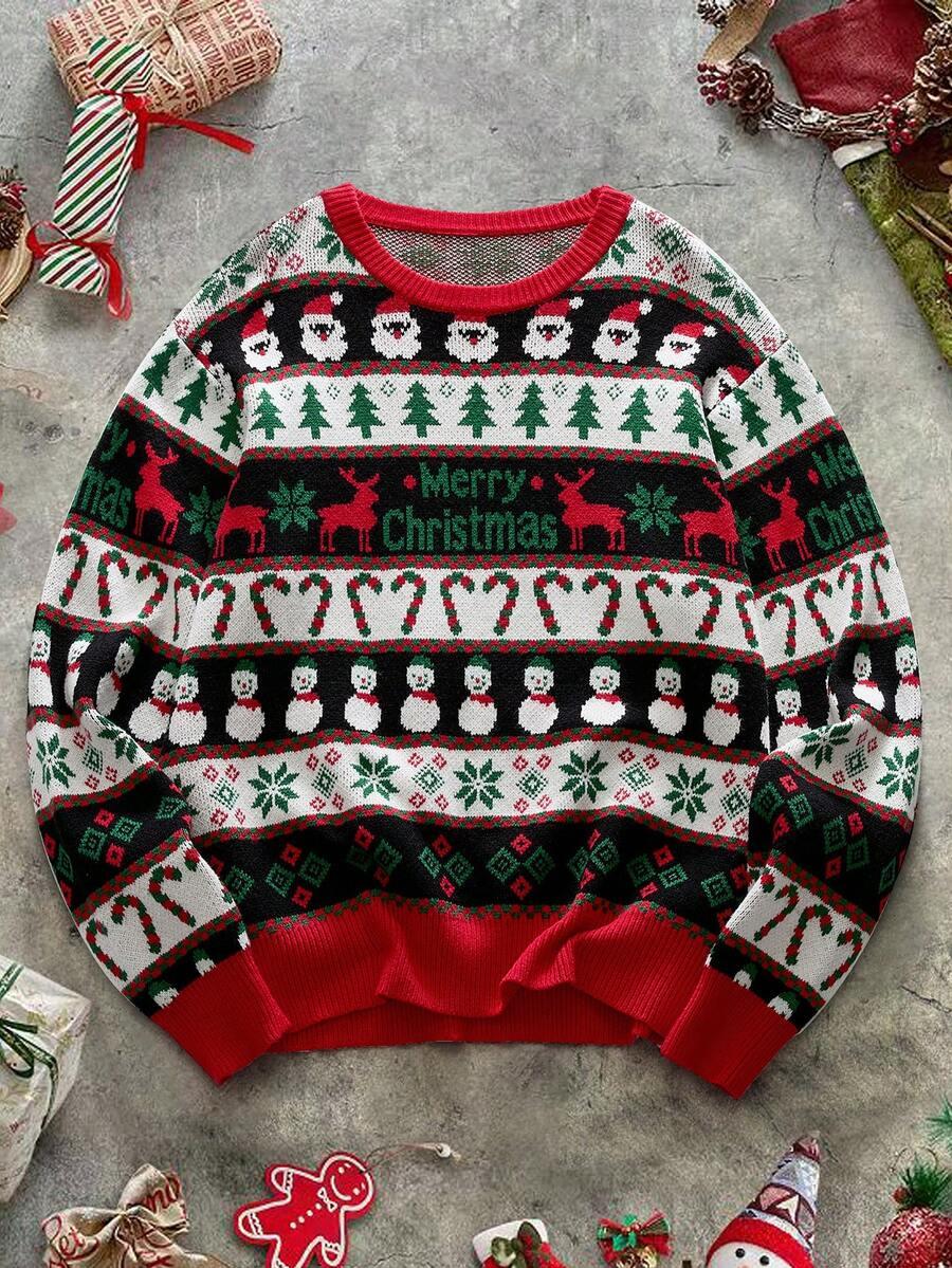 SWETER Z NADRUKIEM W ŚWIĄTECZNYM Z OKRĄGŁYM DEKOLTEM 