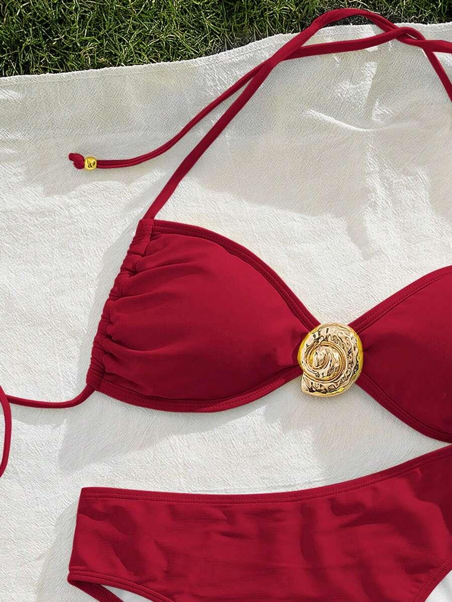 CZERWONY KOMPLET BIKINI ZDOBIENIE