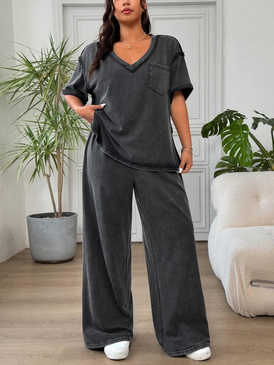 CZARNY KOMPLET T-SHIRT SPODNIE EFEKT WASH