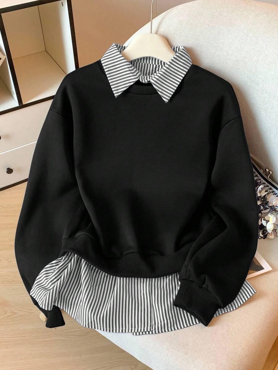 CZARNA BLUZA KOŁNIERZYK paski