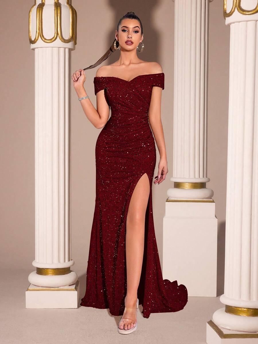 czerwona maxi sukienka cekiny