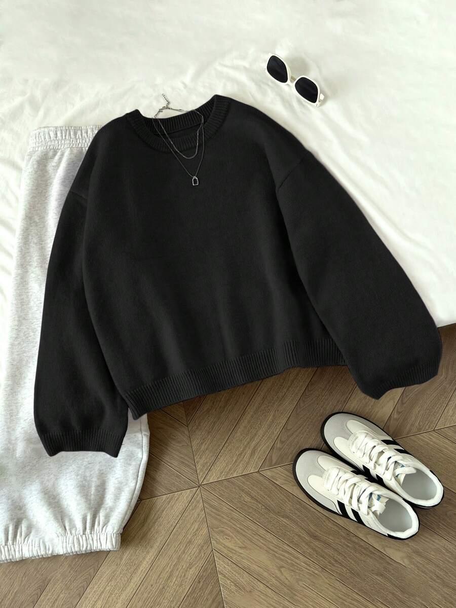 CZARNY SWETER OVERSIZE OKRĄGŁY DEKOLT