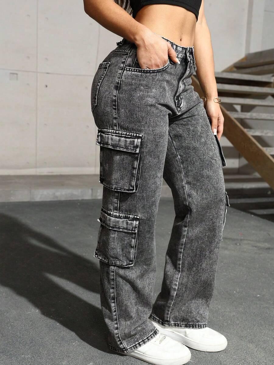 CZARNE SPODNIE JEANS cargo 