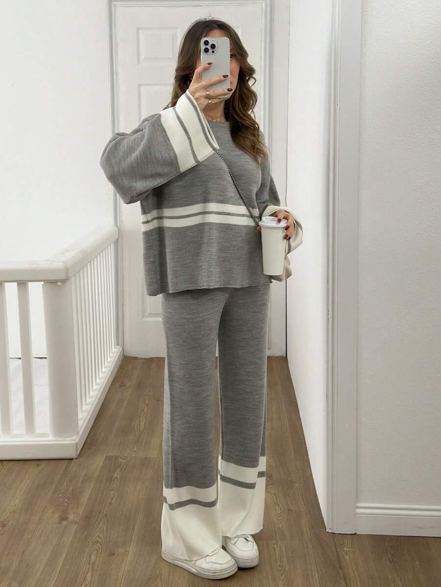 DZIANINOWY KOMPLET SWETER SPODNIE 