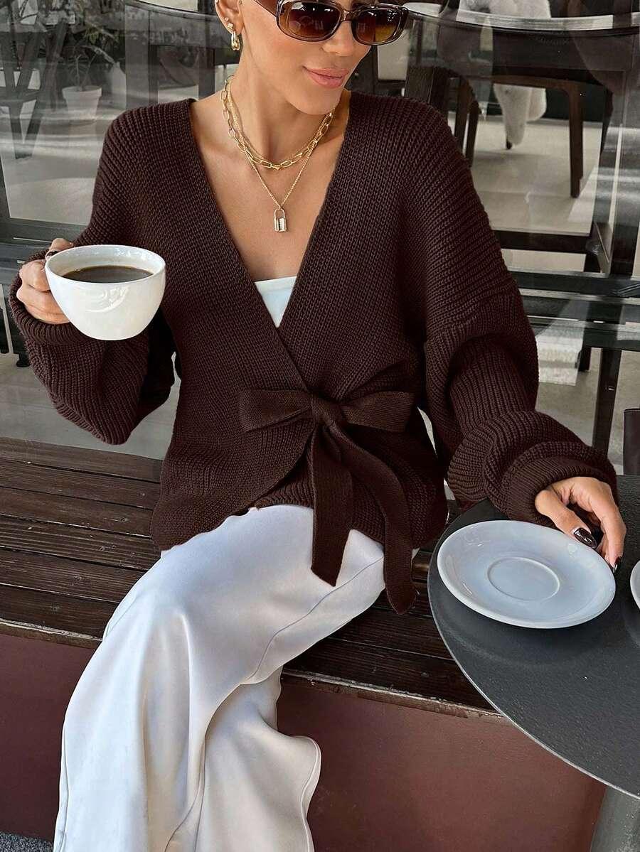 brązowy sweter wiązanie 